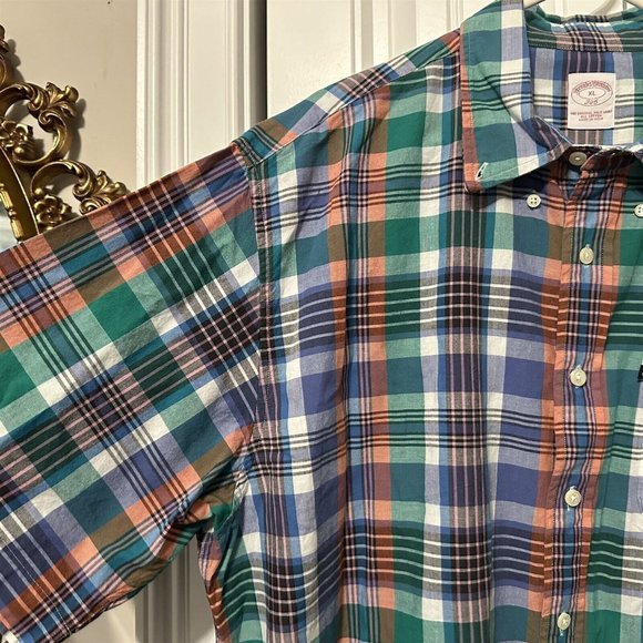 Brooks Brothers Shirt 346 Mens Plaid Button Down Madras X Large Short Sleeve - Picture 5 of 7